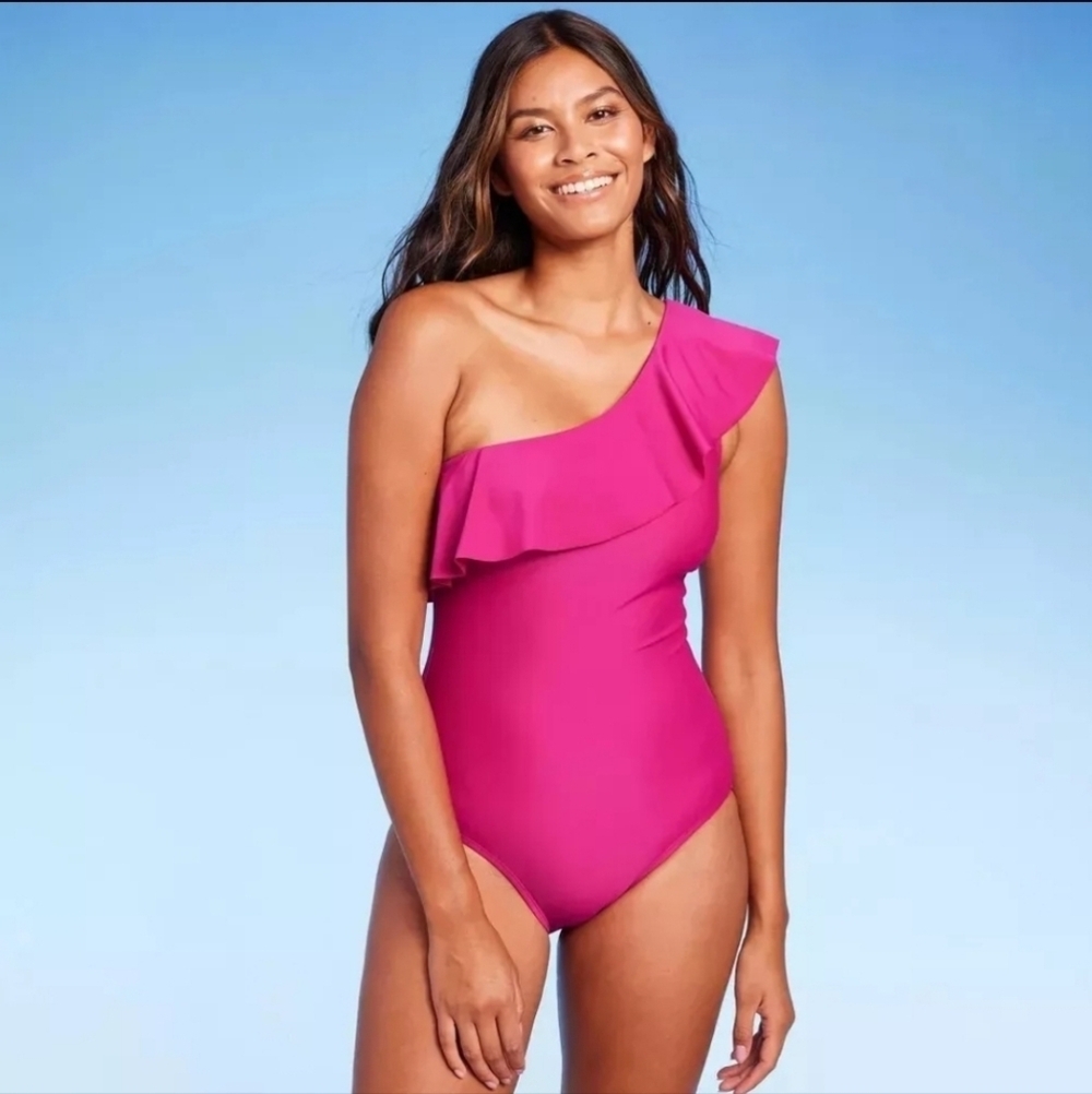 Kona Sol Women's Ruffle One Shoulder One Piece Swimsuit Pink Size L
